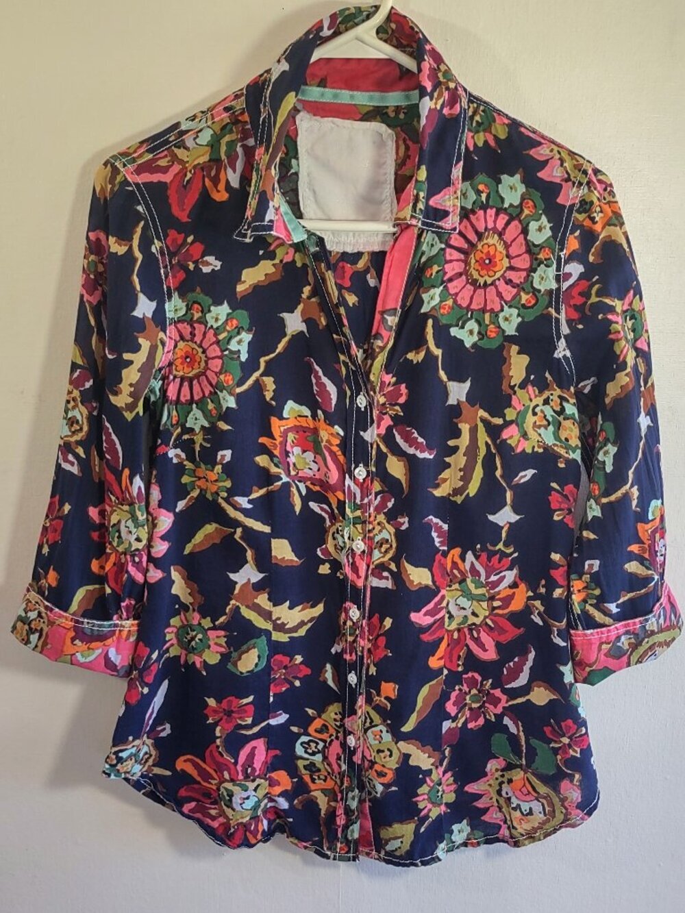 CINO Indigo Blue Floral Shirt Size XSmall Button Up Boho Preppy Rustic Romance - Picture 3 of 8